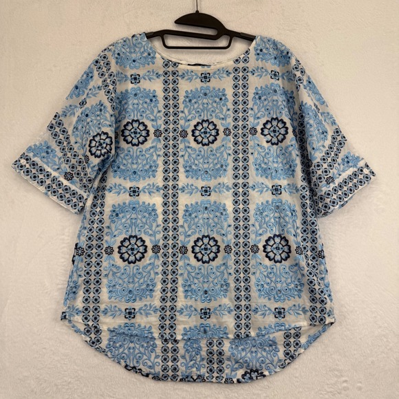 Boho Chic‎ Embroidered Eyelet Tunic Top White Blue Floral Size S Small